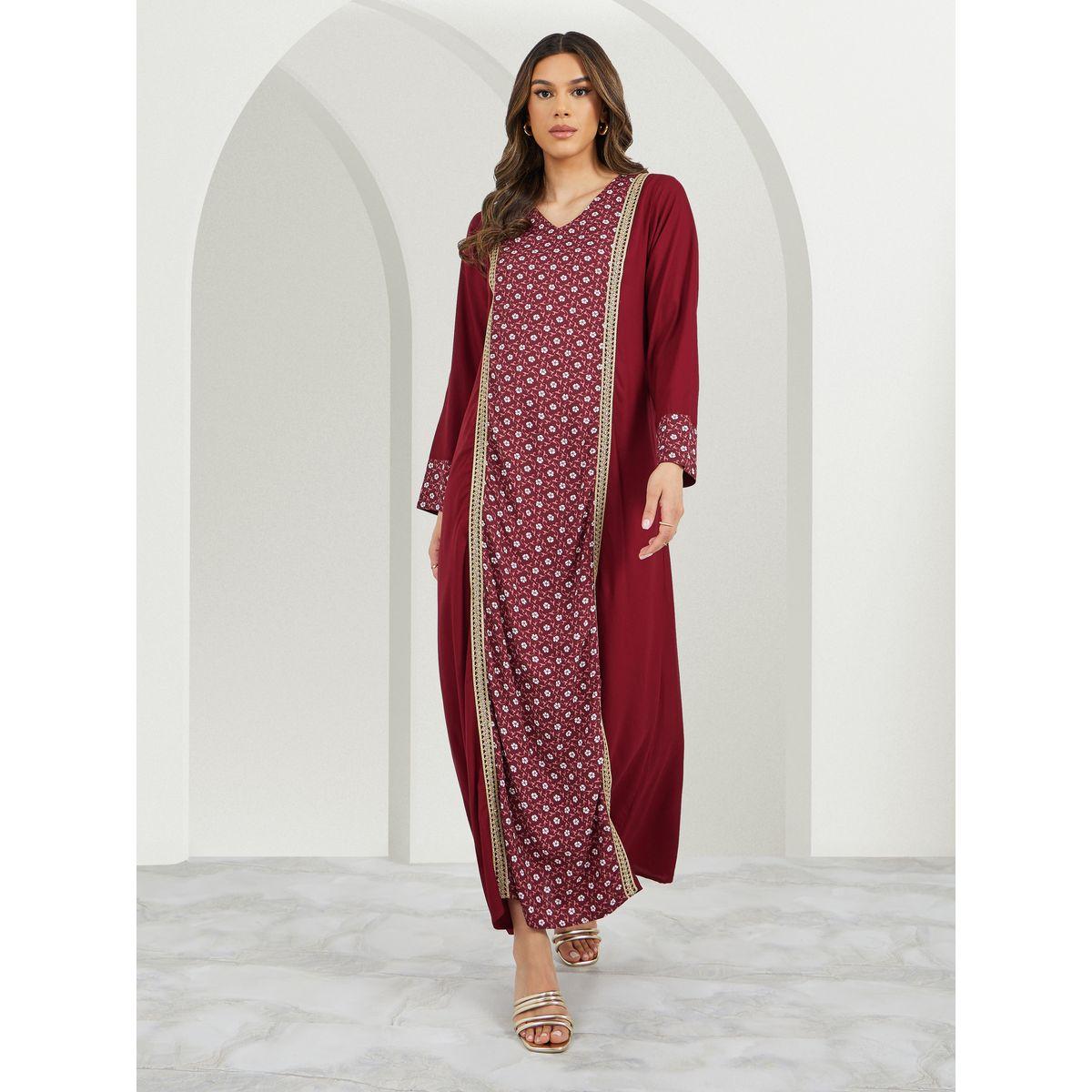 Printed Panel V-Neck Jalabiya with lace Detail-women-arabicclothing-jalabiyas-image-1