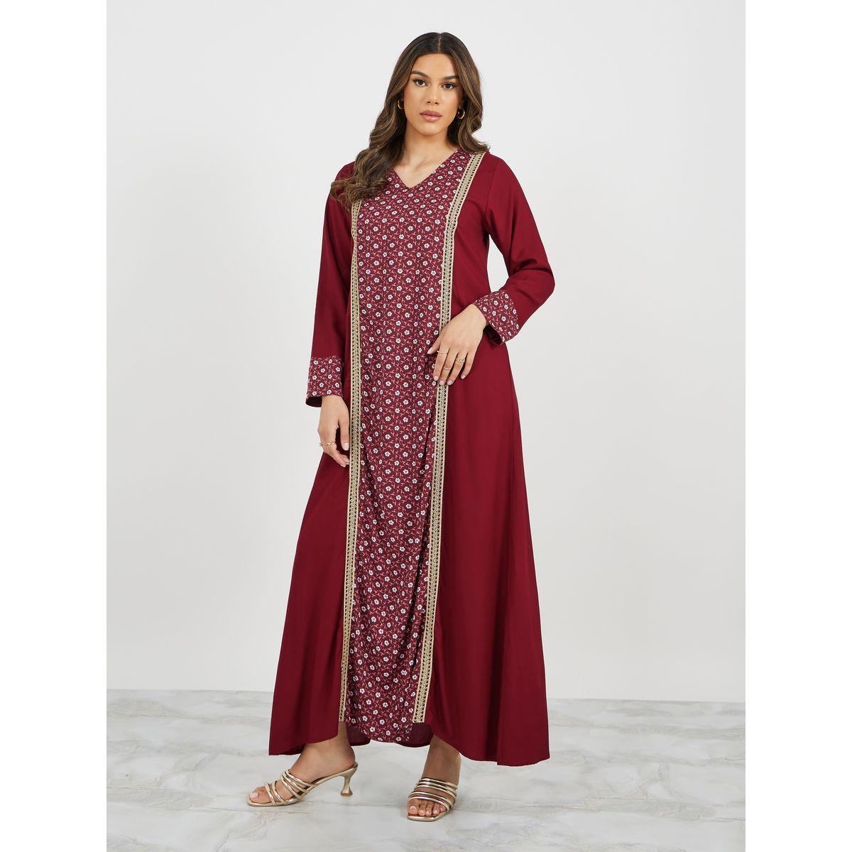 Printed Panel V-Neck Jalabiya with lace Detail-women-arabicclothing-jalabiyas-image-2