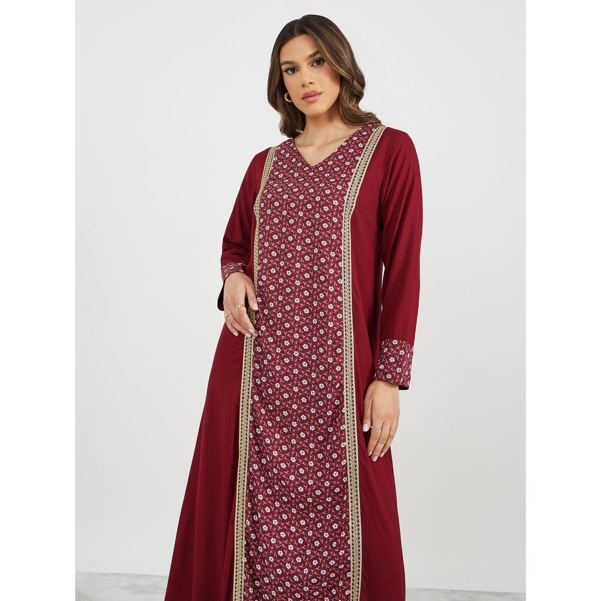 Printed Panel V-Neck Jalabiya with lace Detail-women-arabicclothing-jalabiyas-image-3