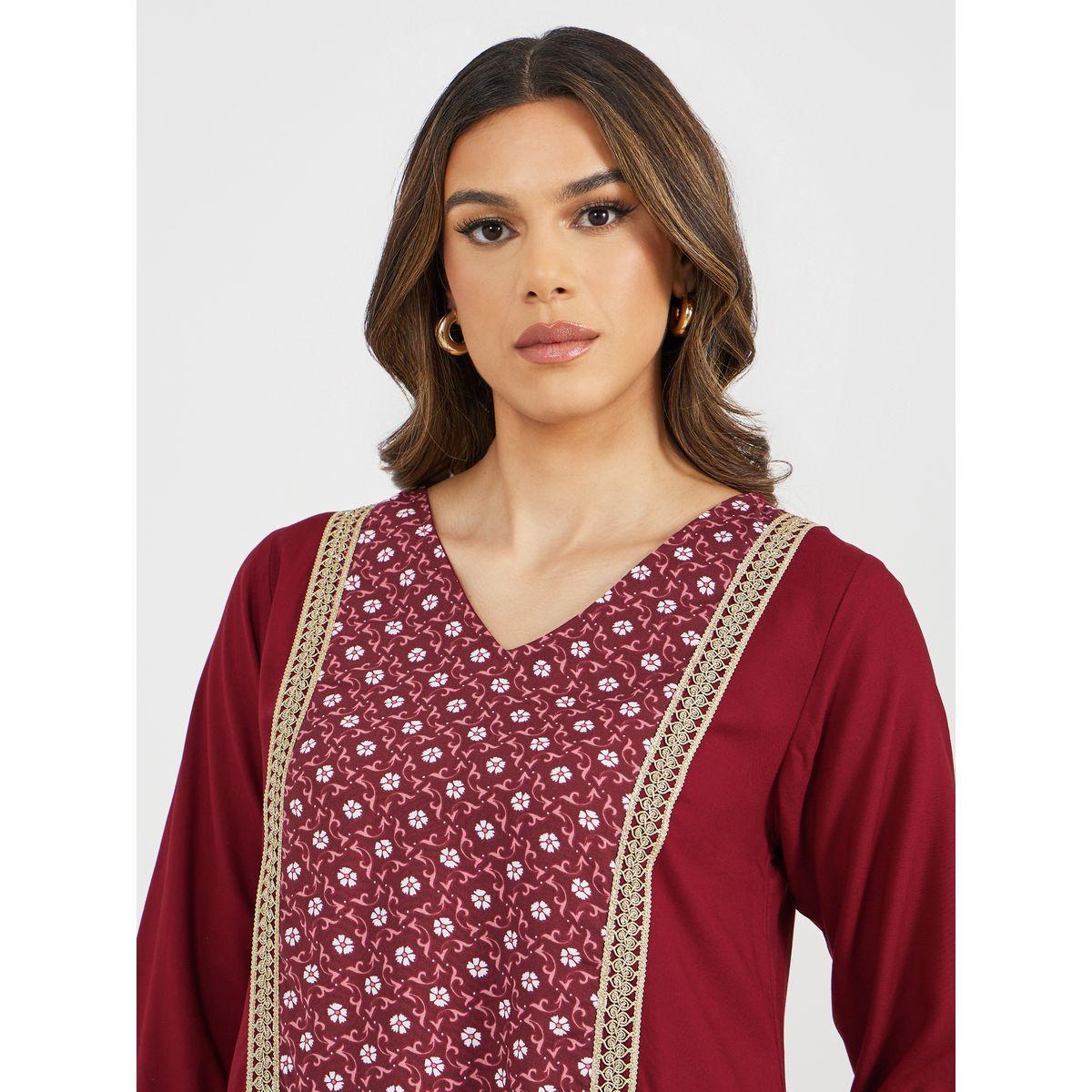 Printed Panel V-Neck Jalabiya with lace Detail-women-arabicclothing-jalabiyas-image-4