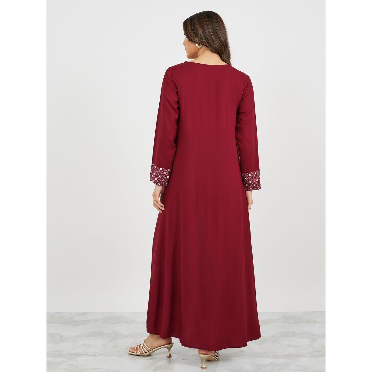 Printed Panel V-Neck Jalabiya with lace Detail-women-arabicclothing-jalabiyas-image-5