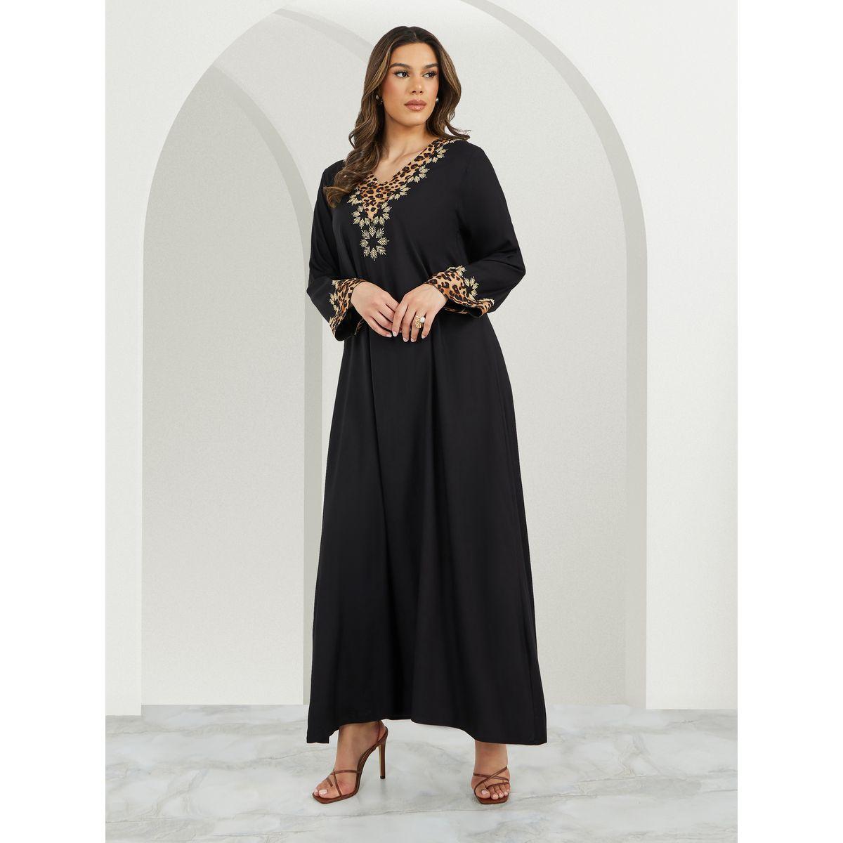 Embroidered Animal Print V-Neck Jalabiya-women-arabicclothing-jalabiyas-image-1