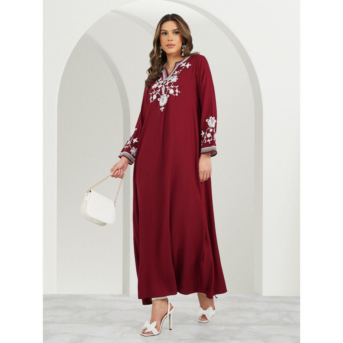 Embroidered Notch Neck Flared Jalabiya-women-arabicclothing-jalabiyas-image-1