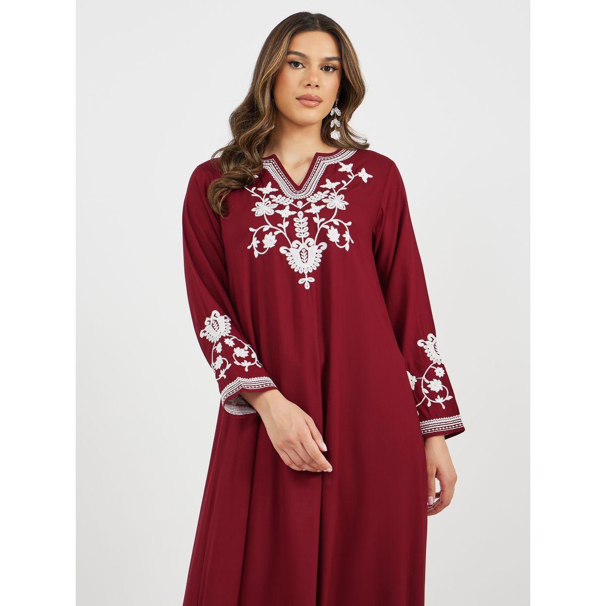 Embroidered Notch Neck Flared Jalabiya-women-arabicclothing-jalabiyas-image-3