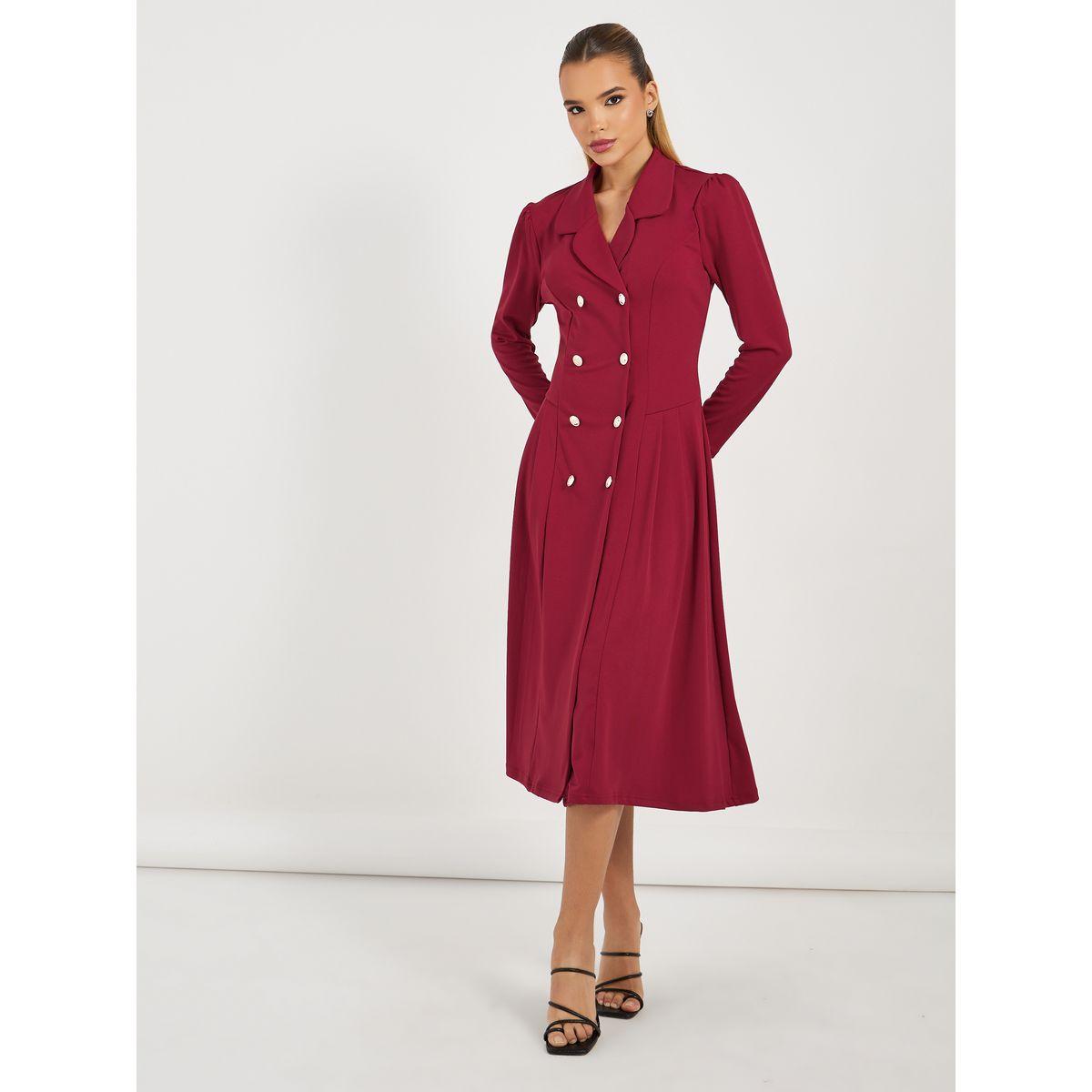 فستان ميدي بصفين أزرار وياقة شال-women-clothing-dresses-image-1