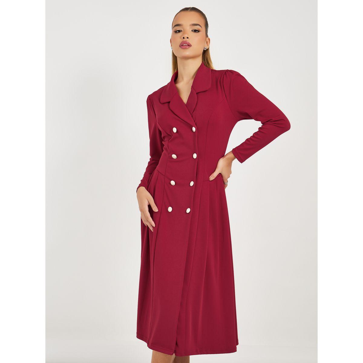 فستان ميدي بصفين أزرار وياقة شال-women-clothing-dresses-image-2