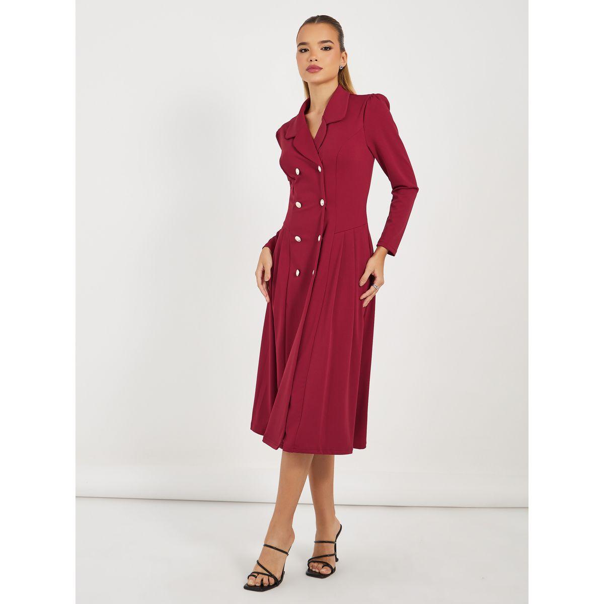 فستان ميدي بصفين أزرار وياقة شال-women-clothing-dresses-image-5