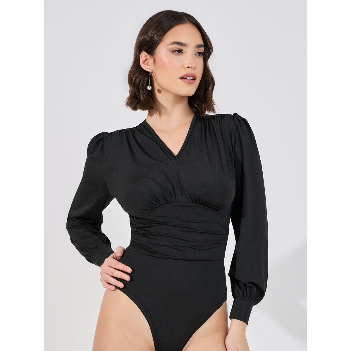 Styli Gathered Waist V Neck Bodysuit-women-clothing-tshirts-image-1