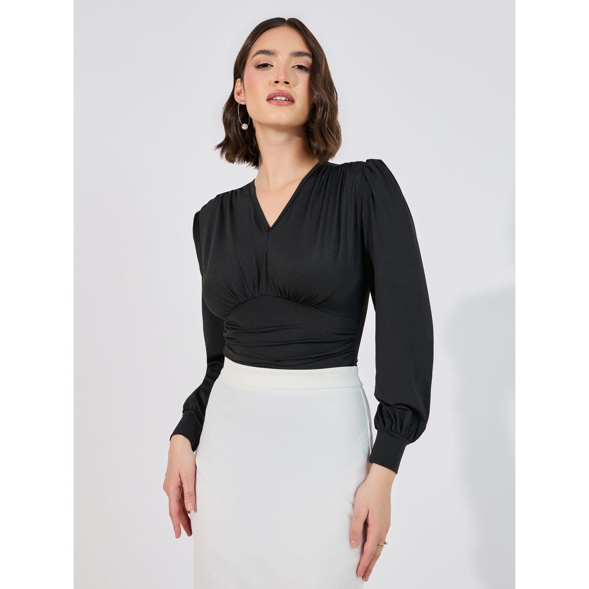 Styli Gathered Waist V Neck Bodysuit-women-clothing-tshirts-image-2