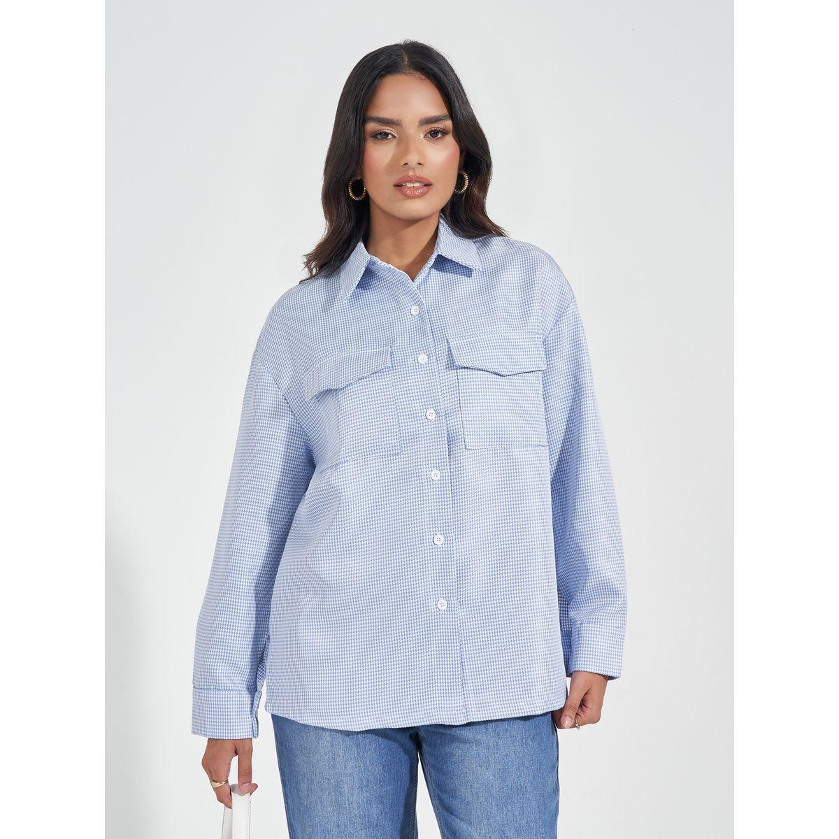 Styli Tweed Oversized Shirt with Flap Pocket-women-clothing-shirtsandblouses-shirts-image-3