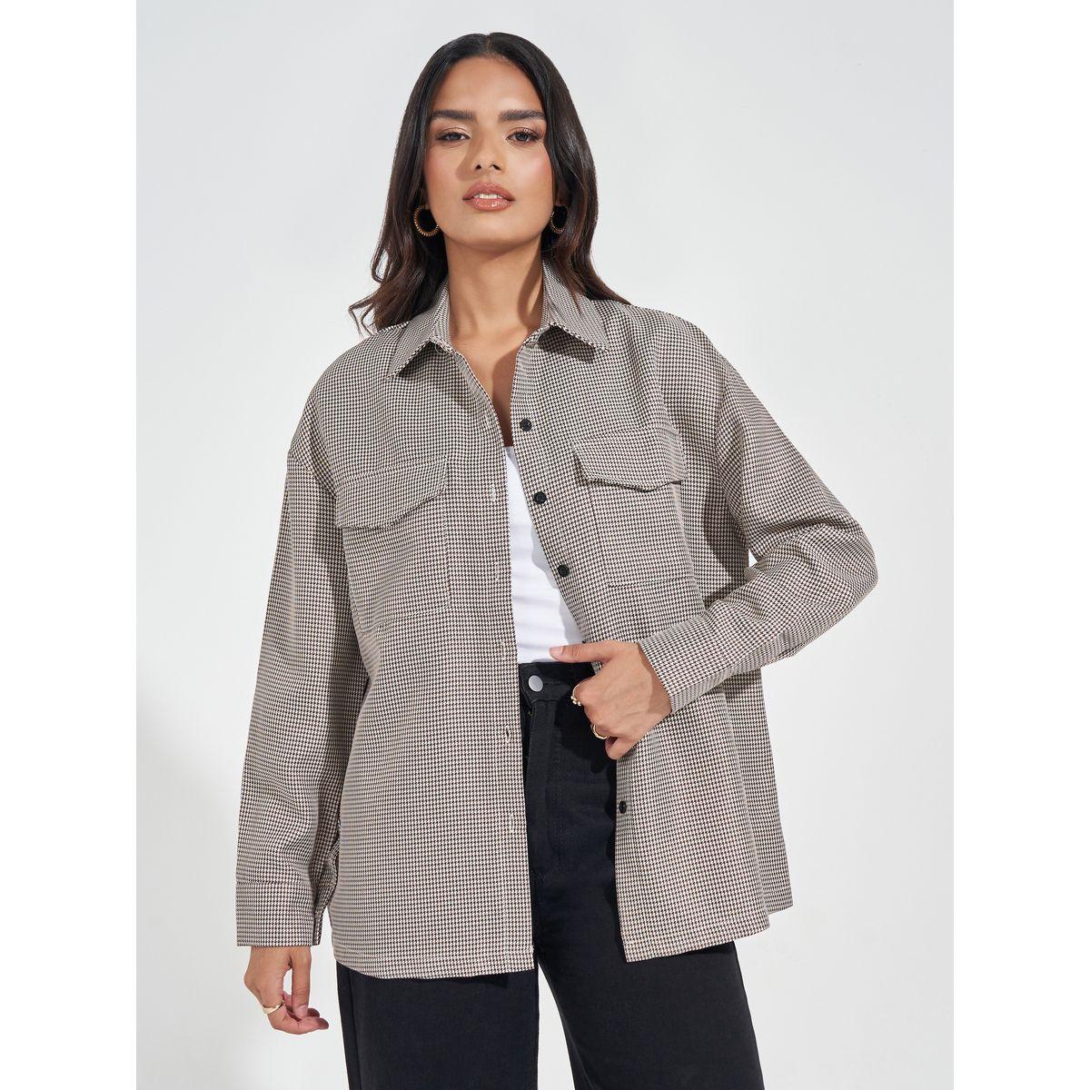 Styli Tweed Oversized Shirt with Flap Pocket-women-clothing-shirtsandblouses-shirts-image-1