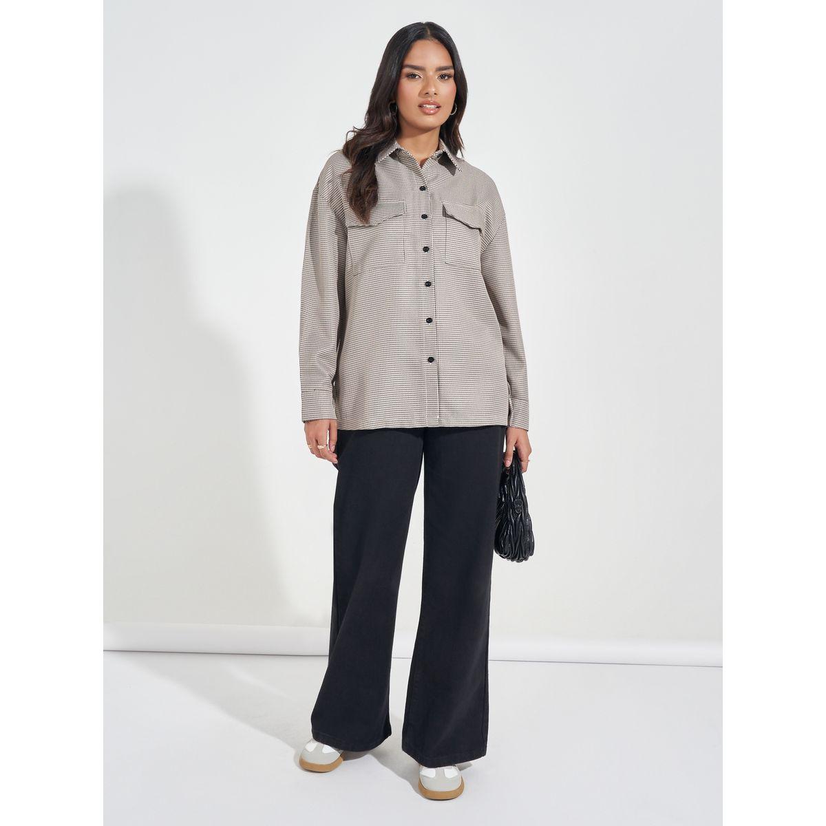 Styli Tweed Oversized Shirt with Flap Pocket-women-clothing-shirtsandblouses-shirts-image-2