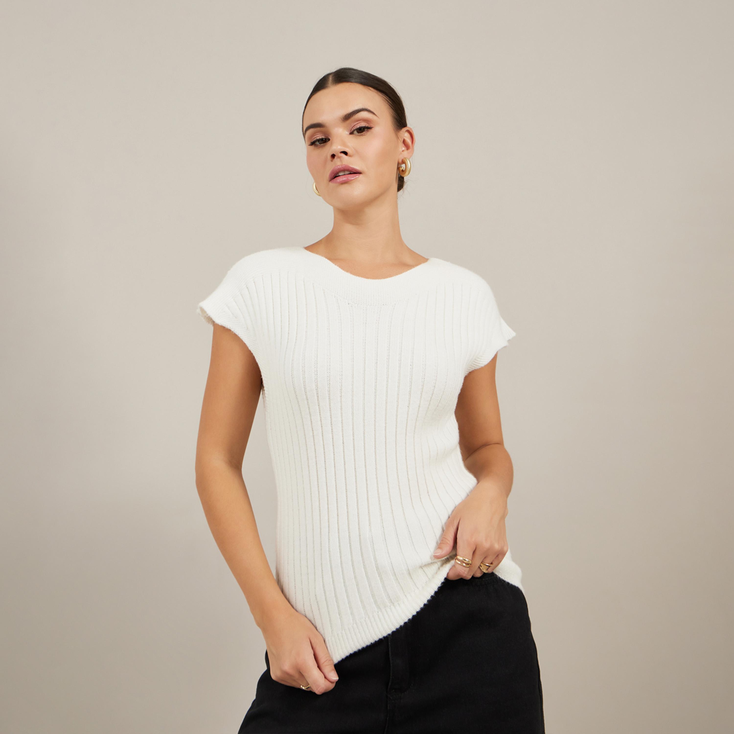 Styli Ribbed V Neck Knit Top with Cap Sleeves-women-clothing-tshirts-image-1