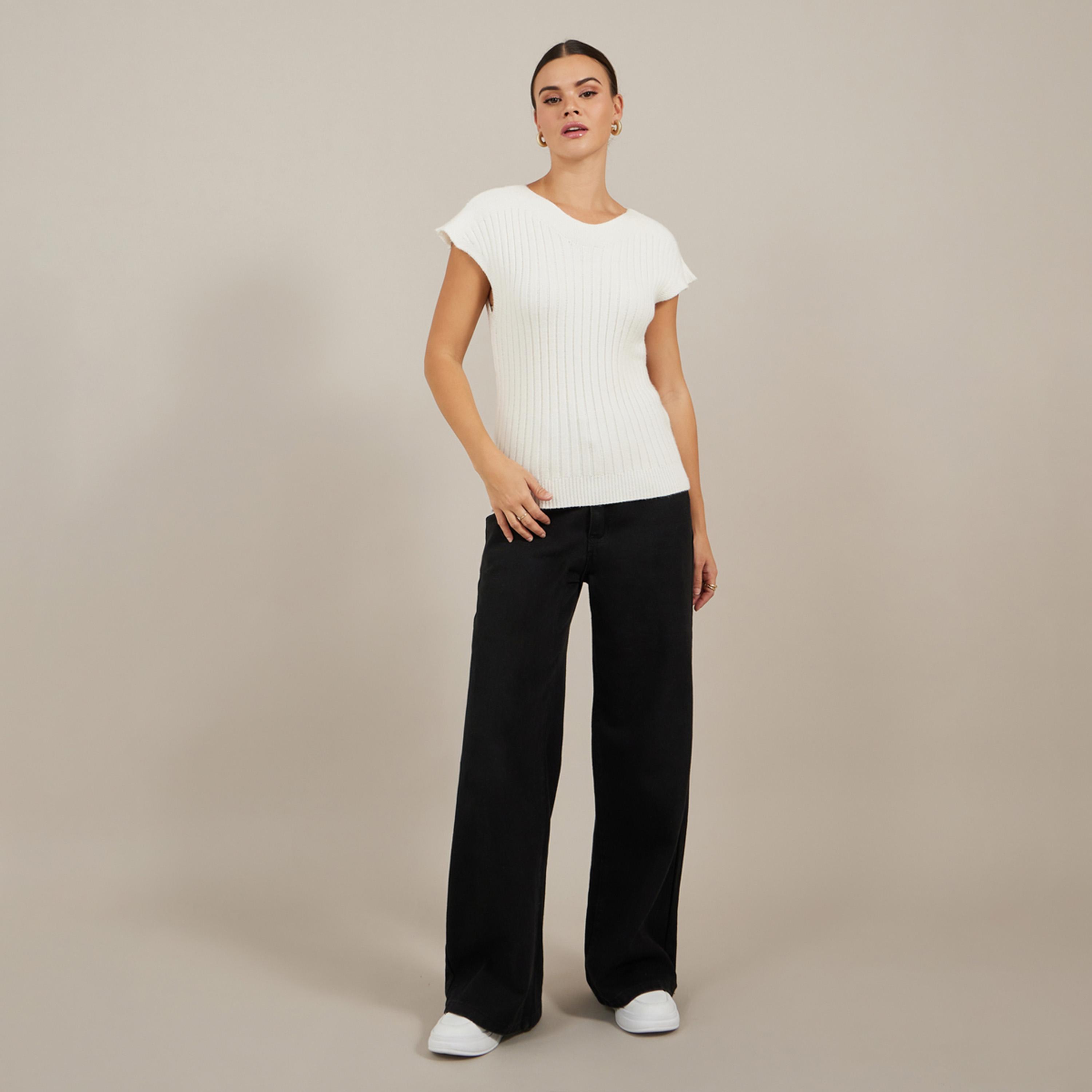 Styli Ribbed V Neck Knit Top with Cap Sleeves-women-clothing-tshirts-image-2