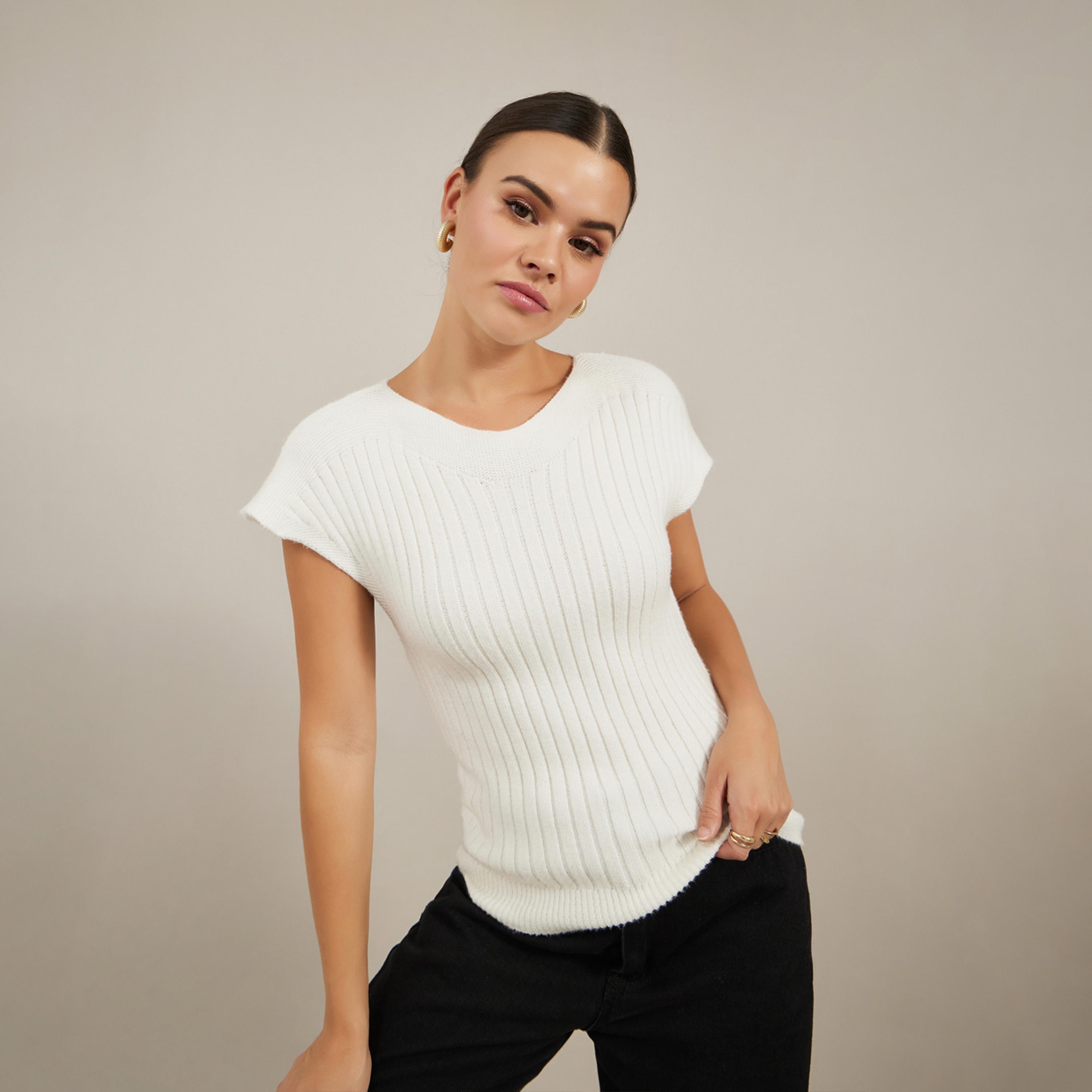 ستايلي - بلوزة محبوكة برقبة على شكل V وأكمام قصيرة-women-clothing-tshirts-image-3