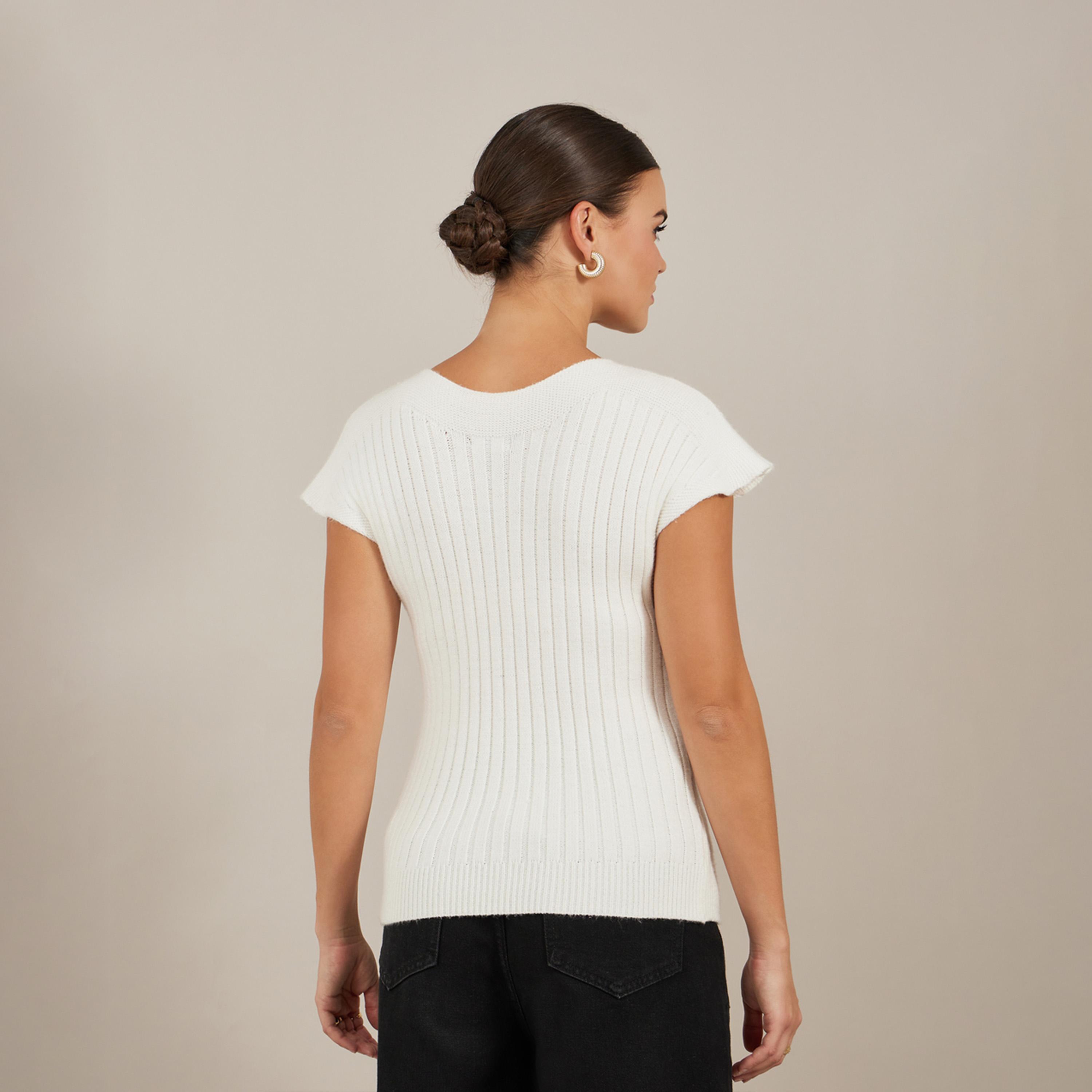 Styli Ribbed V Neck Knit Top with Cap Sleeves-women-clothing-tshirts-image-5