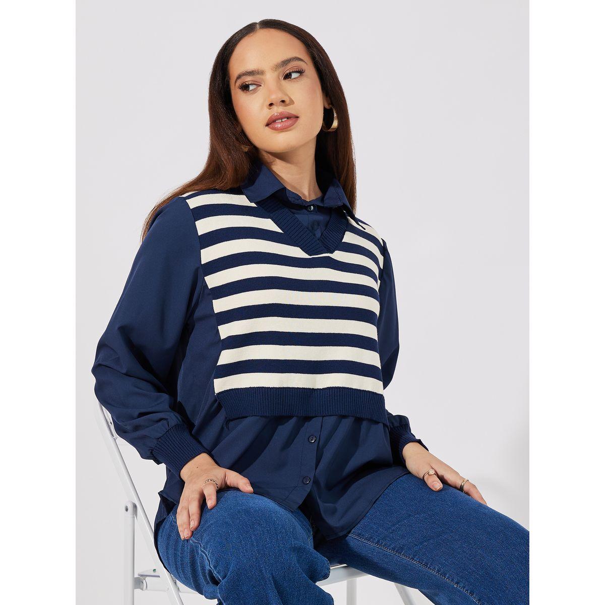 Styli Striped Knit 2in1 Style Cuffed Sleeves Shirt-women-clothing-shirtsandblouses-shirts-image-1