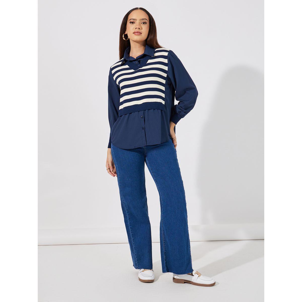 Styli Striped Knit 2in1 Style Cuffed Sleeves Shirt-women-clothing-shirtsandblouses-shirts-image-2