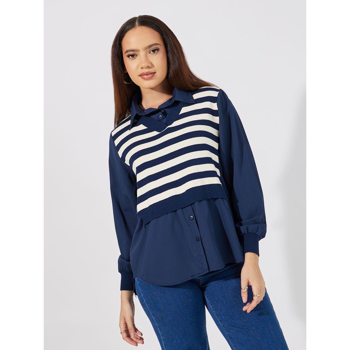 Styli Striped Knit 2in1 Style Cuffed Sleeves Shirt-women-clothing-shirtsandblouses-shirts-image-3