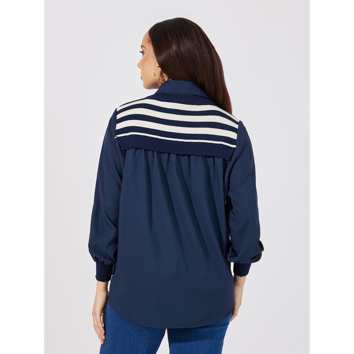 Styli Striped Knit 2in1 Style Cuffed Sleeves Shirt-women-clothing-shirtsandblouses-shirts-image-4