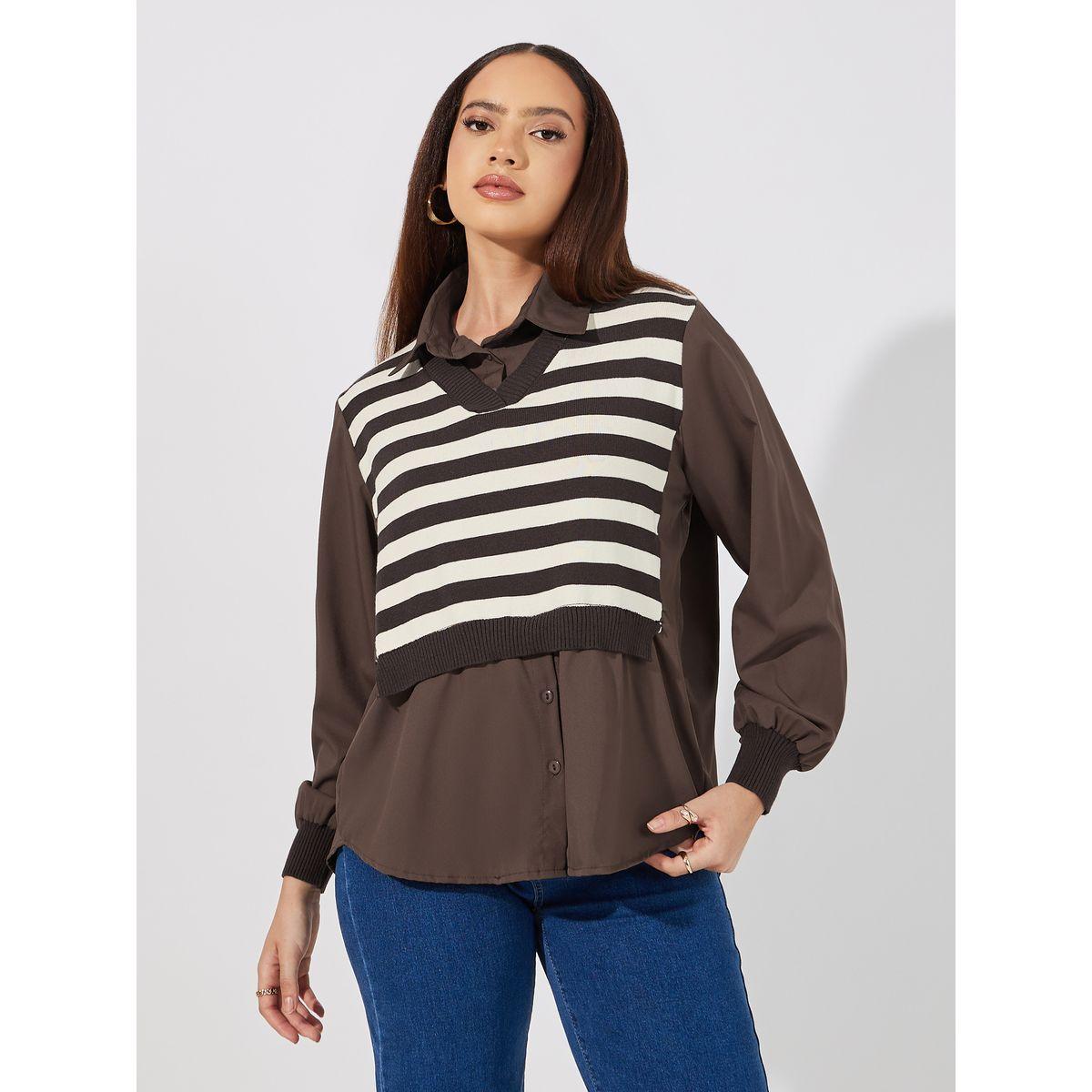 بلوزة مخططة 2 في 1 مع أكمام بأساور-women-clothing-shirtsandblouses-shirts-image-1