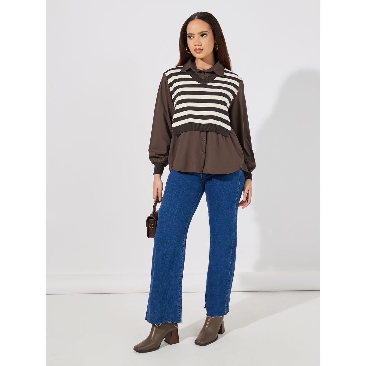 بلوزة مخططة 2 في 1 مع أكمام بأساور-women-clothing-shirtsandblouses-shirts-image-2