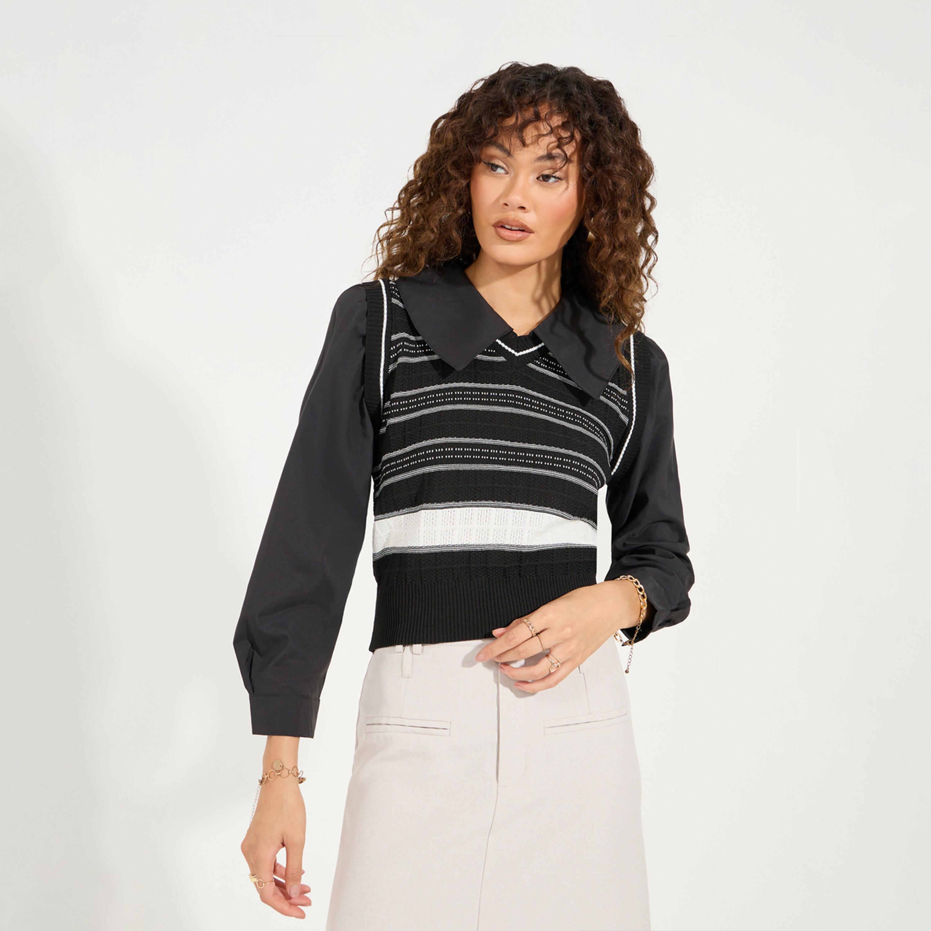 Styli Striped 2In1 Style Collared Knit Top-women-clothing-shirtsandblouses-blouses-image-1