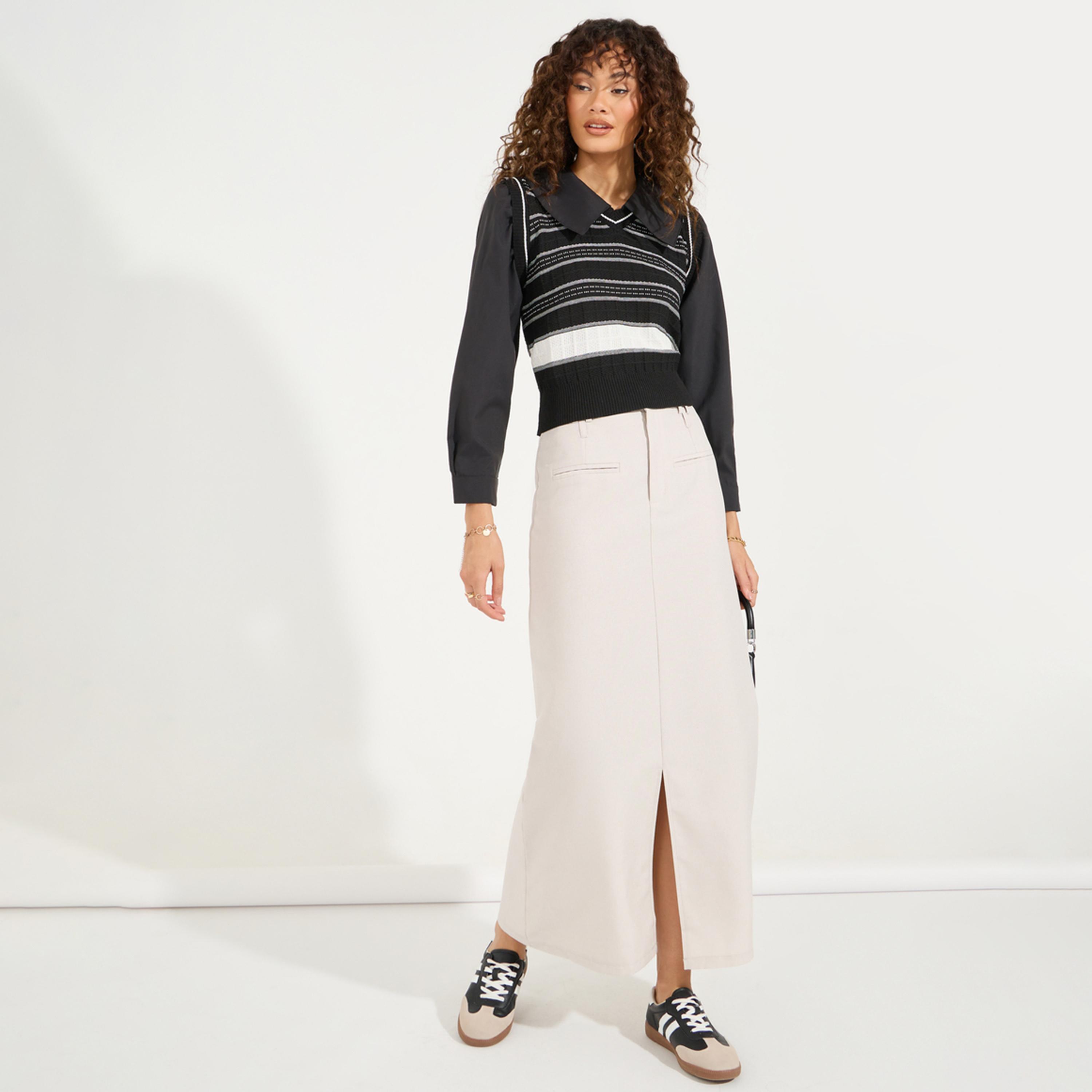 Styli Striped 2In1 Style Collared Knit Top-women-clothing-shirtsandblouses-blouses-image-2
