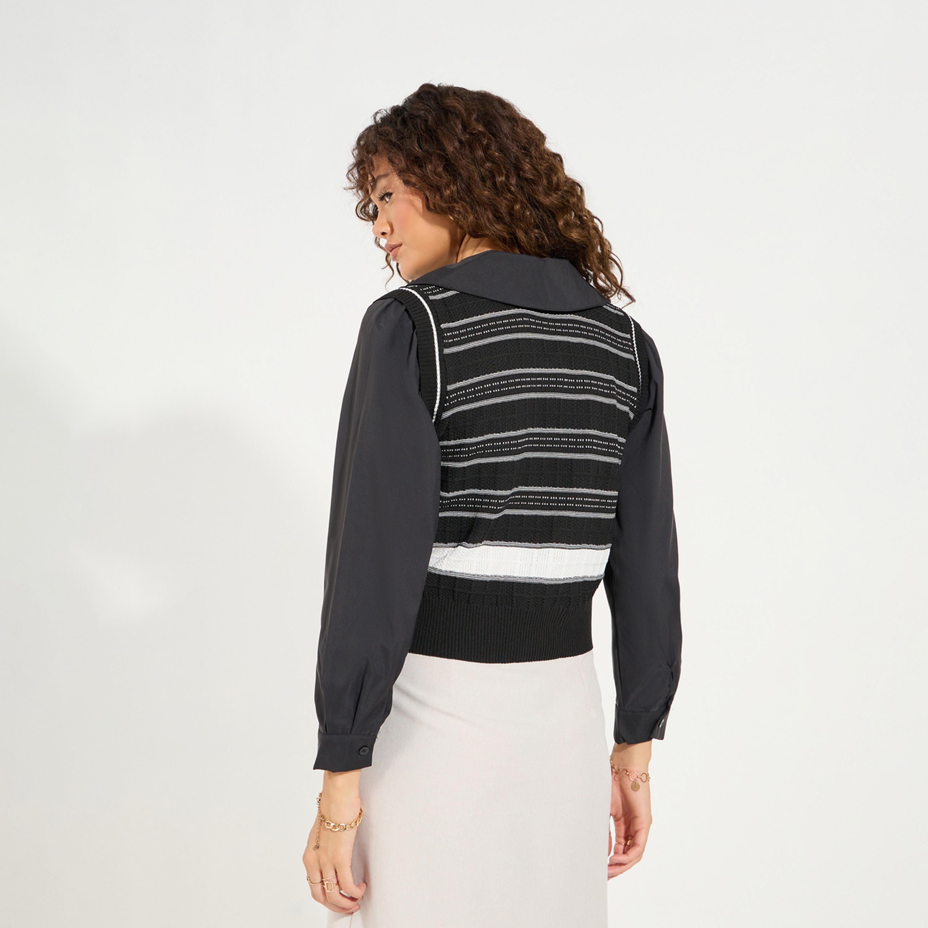 Styli Striped 2In1 Style Collared Knit Top-women-clothing-shirtsandblouses-blouses-image-4
