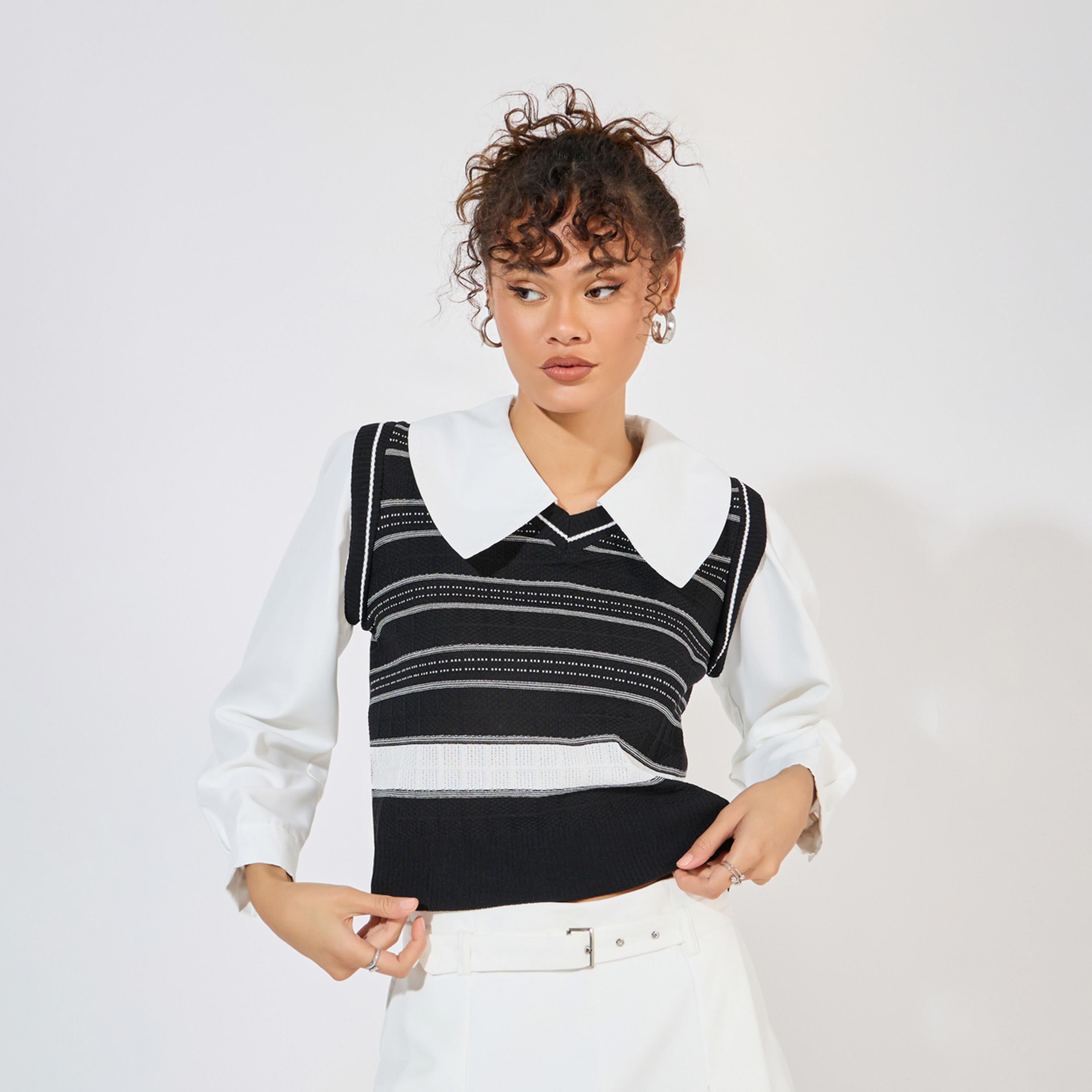 Styli Striped 2In1 Style Collared Knit Top-women-clothing-shirtsandblouses-blouses-image-1