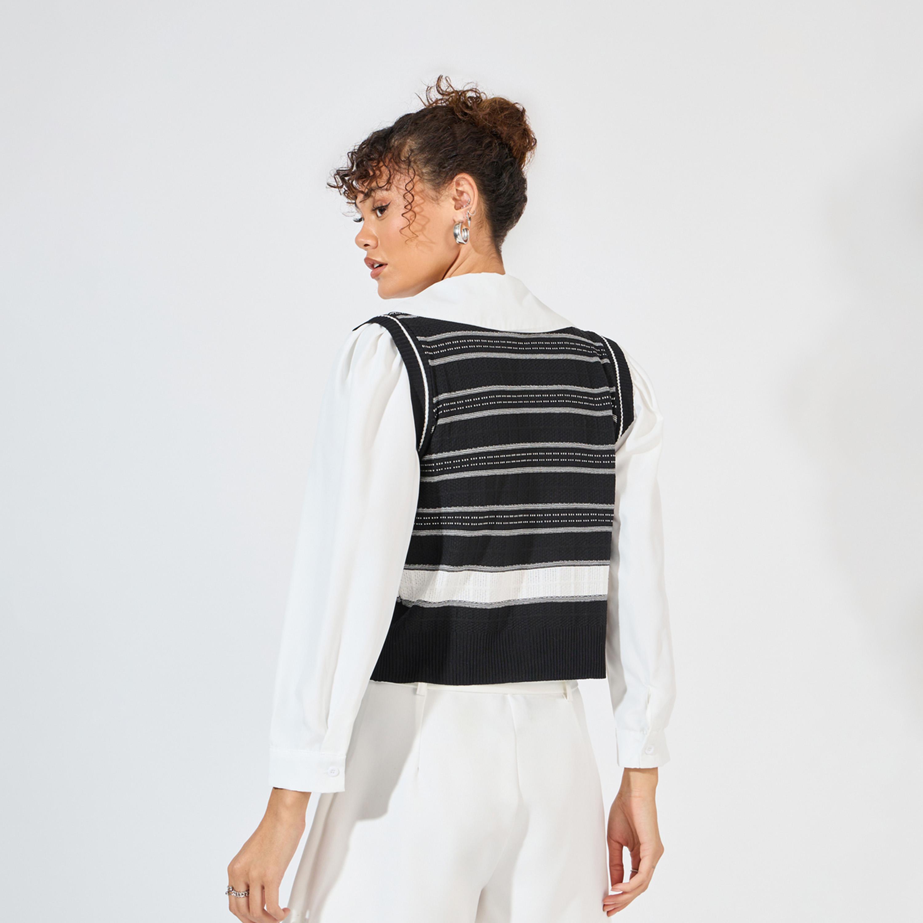 Styli Striped 2In1 Style Collared Knit Top-women-clothing-shirtsandblouses-blouses-image-4