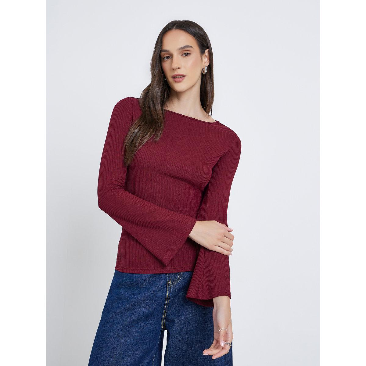 Styli Ribbed Knitted Bell Sleeve Top-women-clothing-tshirts-image-2