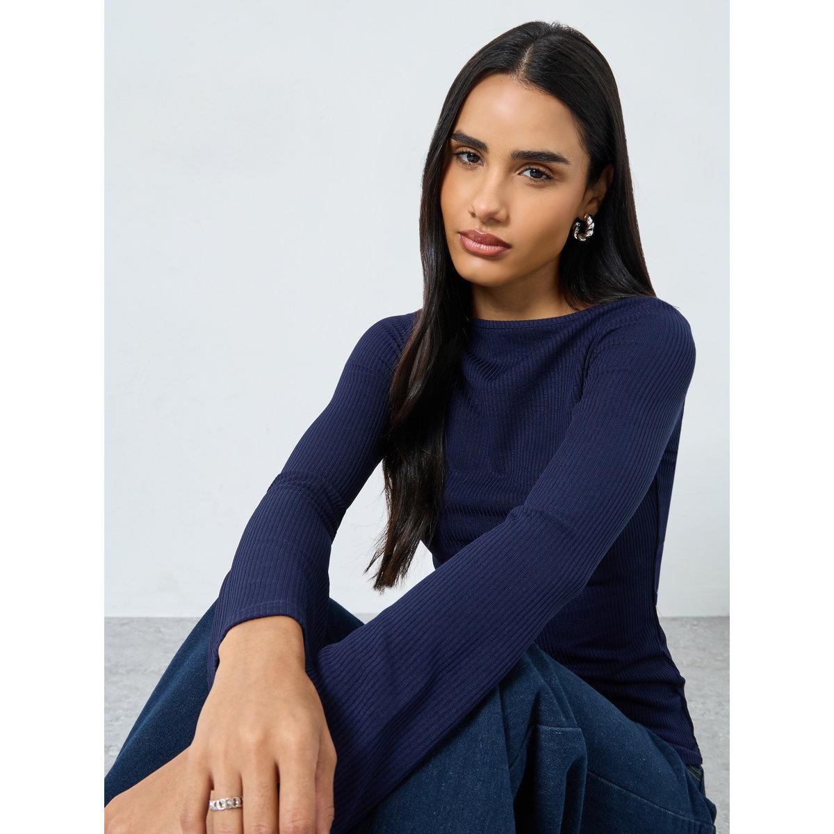 Styli Ribbed Knit Flared Long Sleeve Top-women-clothing-tshirts-image-1