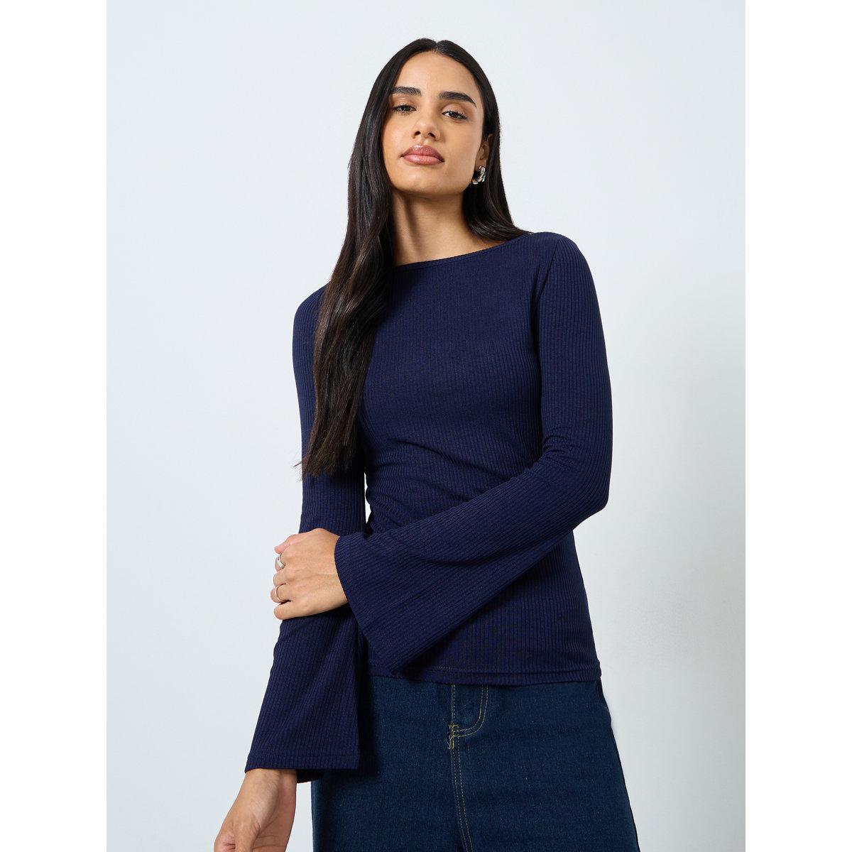 Styli Ribbed Knit Flared Long Sleeve Top-women-clothing-tshirts-image-3