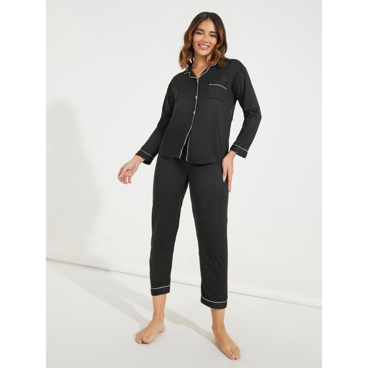 Styli Contrast Piping Button Front Shirt & Pyjama Sets-women-clothing-nightwear-pyjamas-longsets-image-1