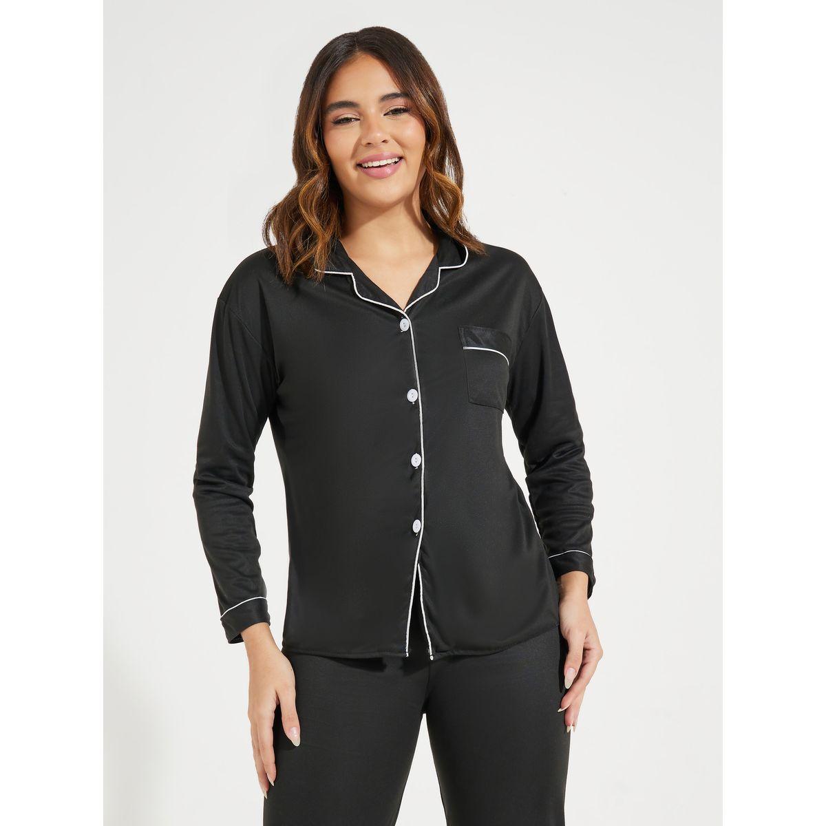 Styli Contrast Piping Button Front Shirt & Pyjama Sets-women-clothing-nightwear-pyjamas-longsets-image-2