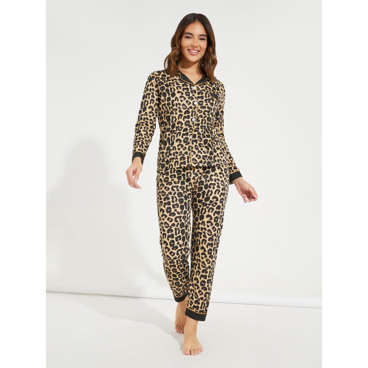 Styli Contrast Leopard Print Button Front Shirt & Pyjama Set-women-clothing-nightwear-pyjamas-longsets-image-2