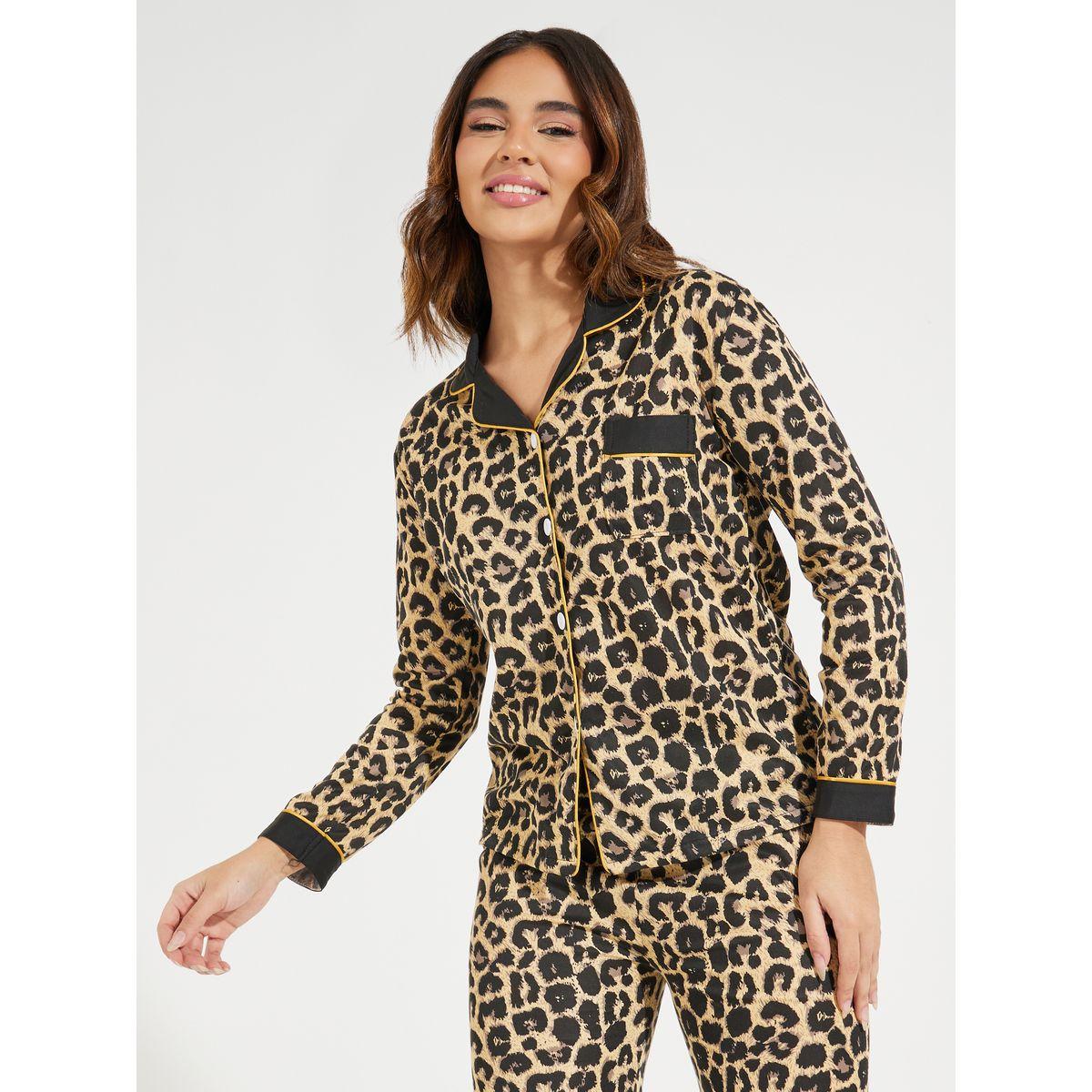 Styli Contrast Leopard Print Button Front Shirt & Pyjama Set-women-clothing-nightwear-pyjamas-longsets-image-3