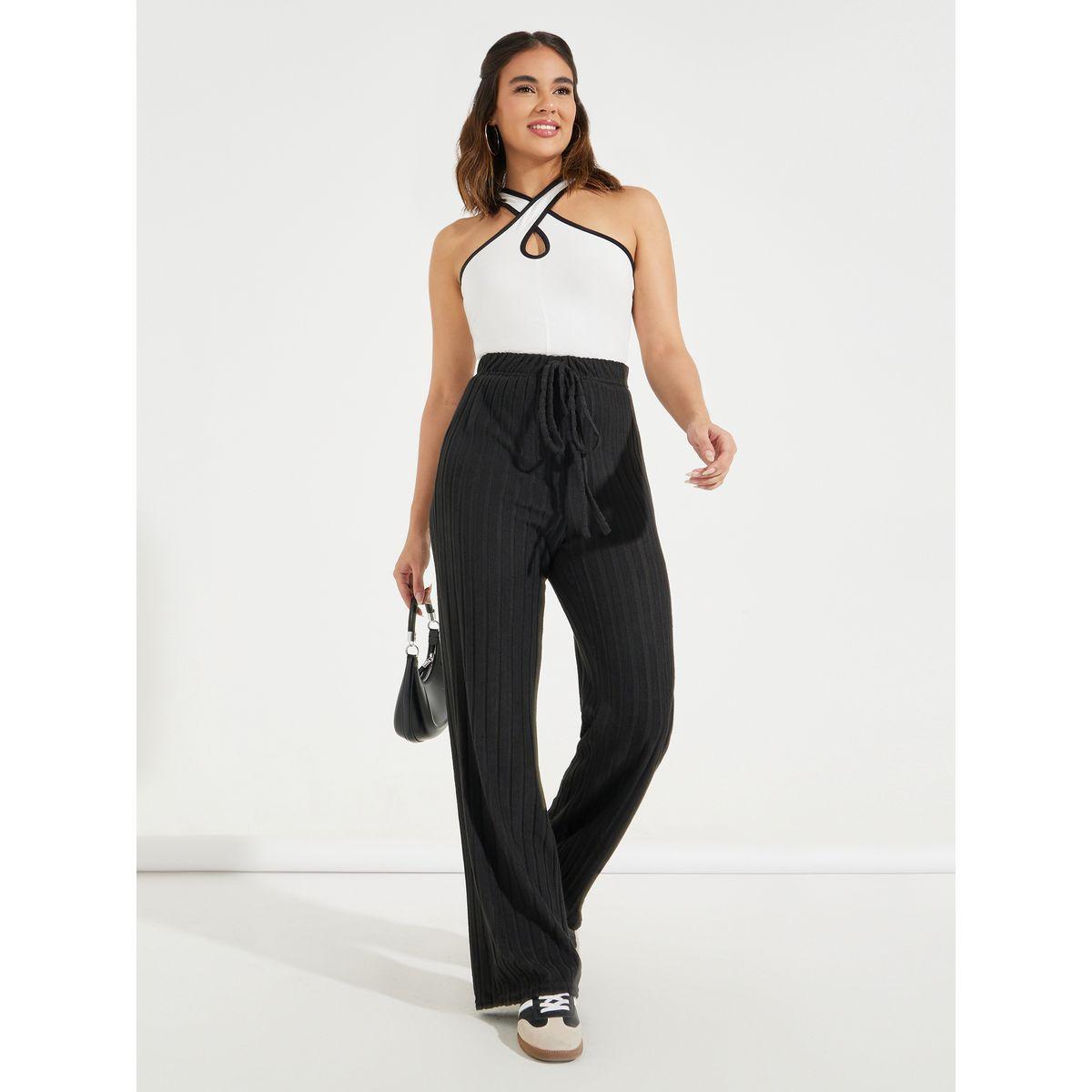 Styli Solid Ribbed Knit Pants with Drawstrings-women-clothing-bottoms-joggers-image-1