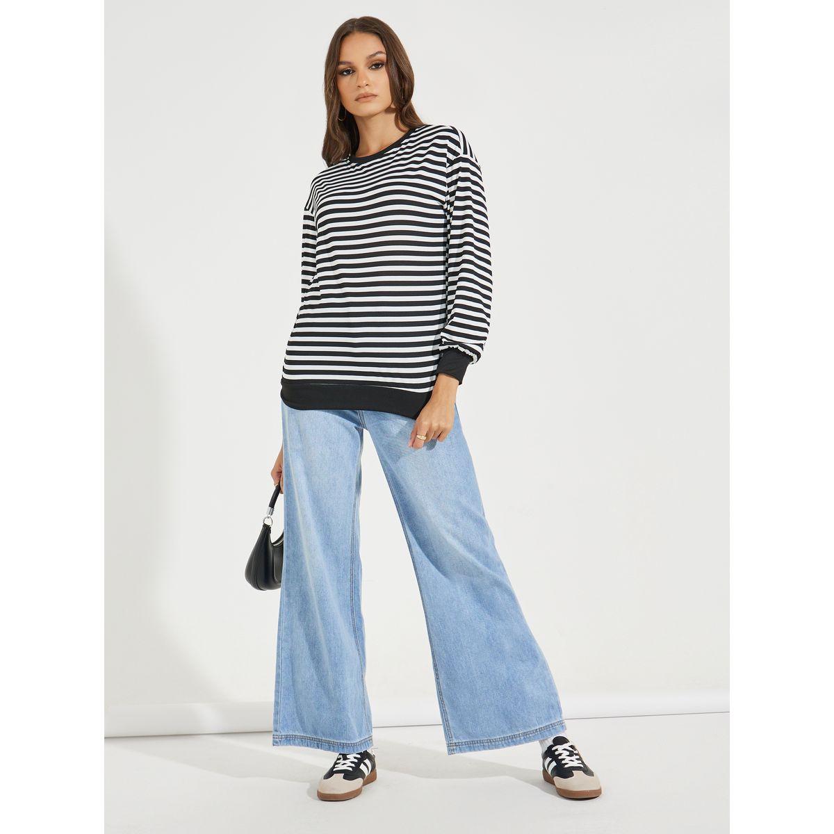Styli Striped Sweatshirt with Dropped Shoulder-women-winterwear-hoodiesandsweatshirts-sweatshirts-image-2