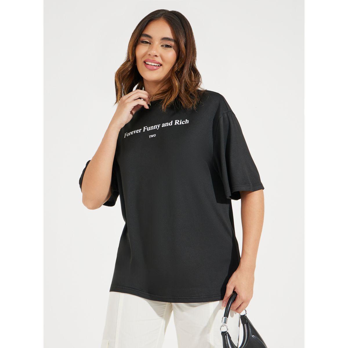 تيشيرت فضفاض مطبع بكتابة مع أكتاف منخفضة-women-clothing-tshirts-image-1