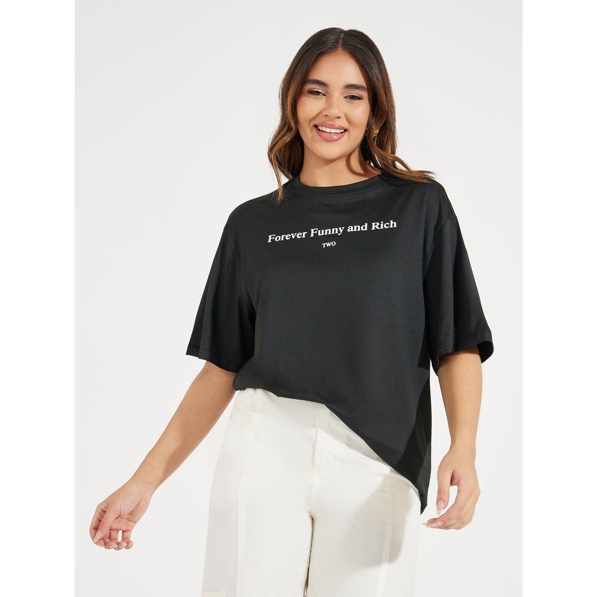 Styli Oversized Slogan Print T-Shirt with Dropped Shoulder-women-clothing-tshirts-image-2