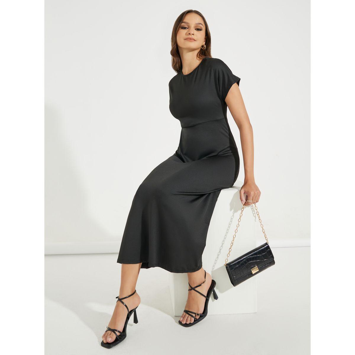 Styli Solid Round Neck A-Line Midi Dress-women-clothing-dresses-image-1