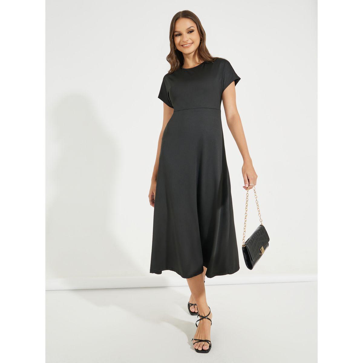 Styli Solid Round Neck A-Line Midi Dress-women-clothing-dresses-image-2