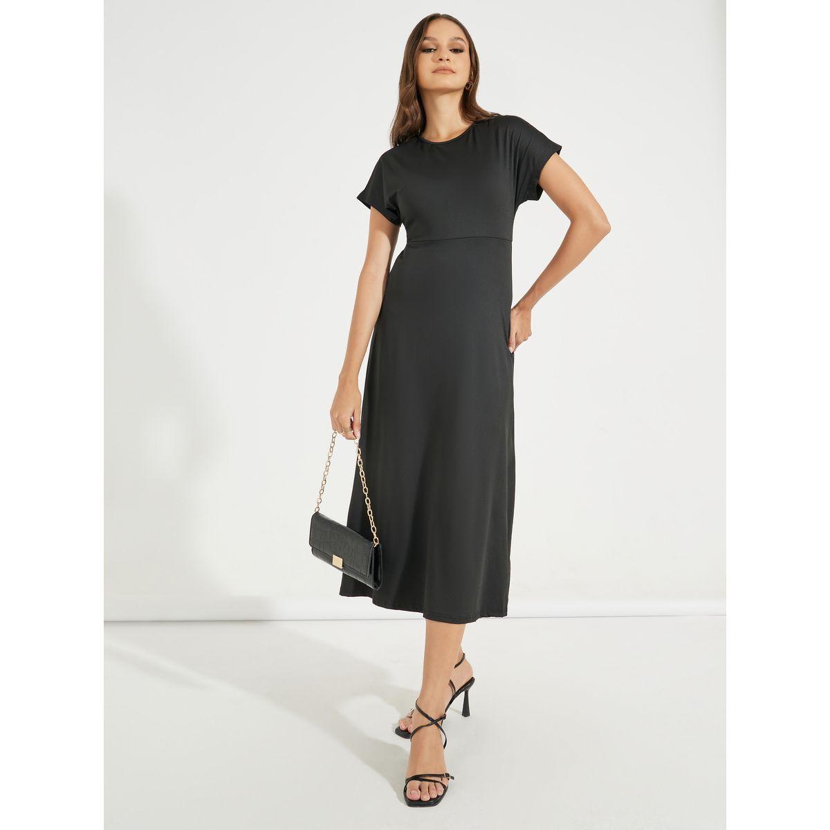 Styli Solid Round Neck A-Line Midi Dress-women-clothing-dresses-image-4