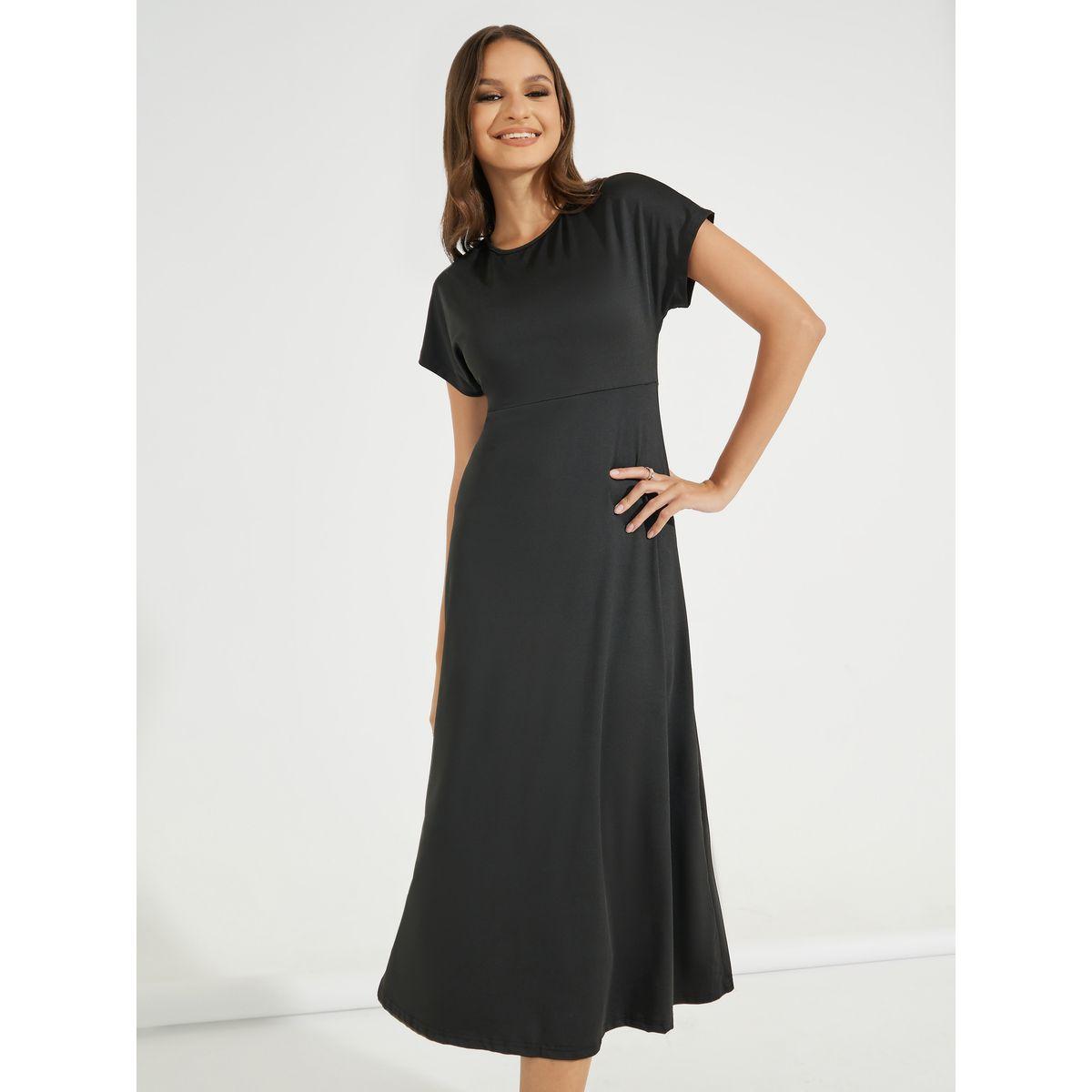 Styli Solid Round Neck A-Line Midi Dress-women-clothing-dresses-image-5