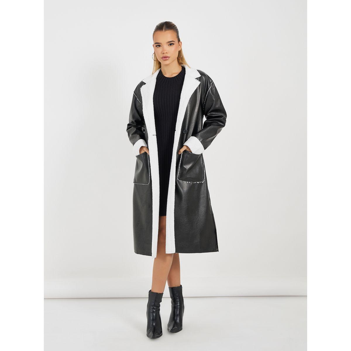 Styli Regular Fit Leather Look Trench with Faux Fur Lining-women-winterwear-coatsandjackets-coats-image-1