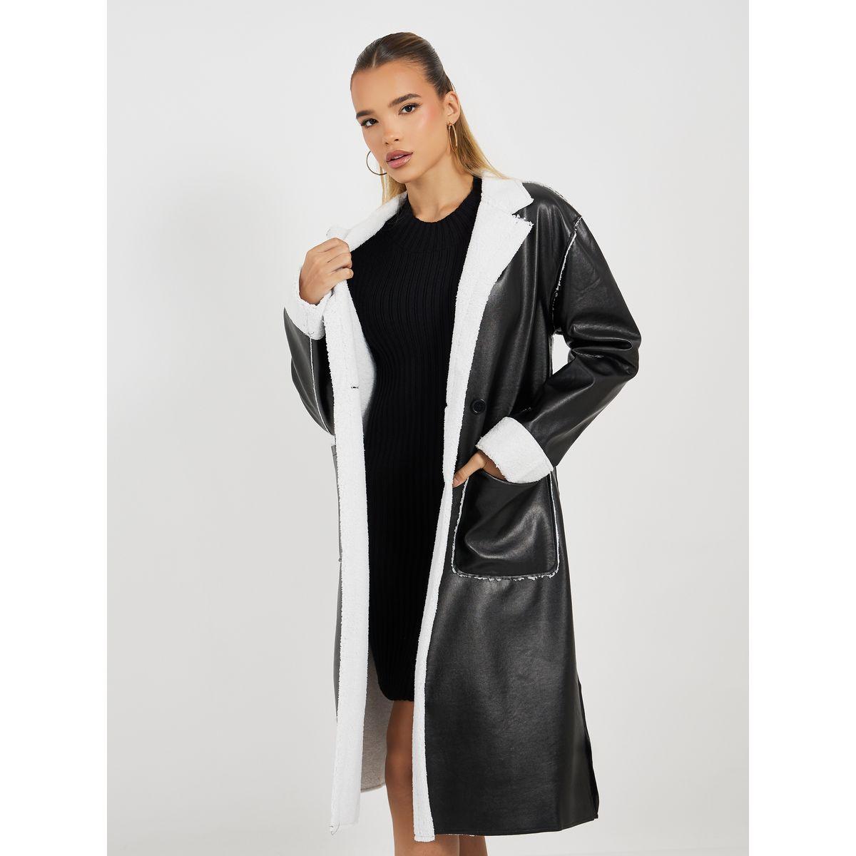 Styli Regular Fit Leather Look Trench with Faux Fur Lining-women-winterwear-coatsandjackets-coats-image-2
