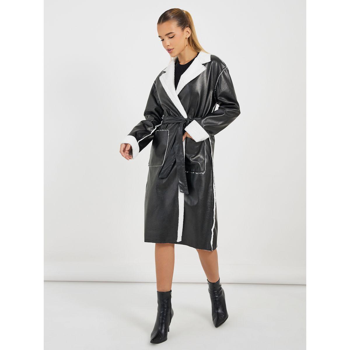 Styli Regular Fit Leather Look Trench with Faux Fur Lining-women-winterwear-coatsandjackets-coats-image-3