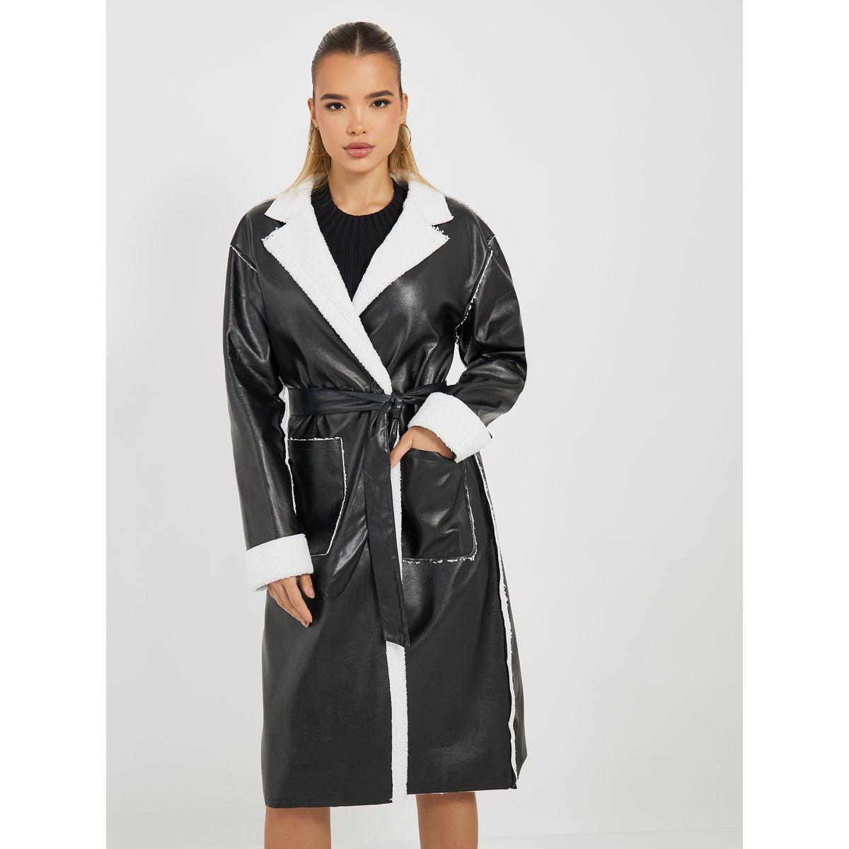 Styli Regular Fit Leather Look Trench with Faux Fur Lining-women-winterwear-coatsandjackets-coats-image-4